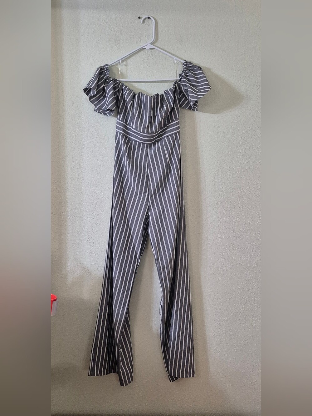 Active USA Gray and White Striped Off-Shoulder Jumpsuit